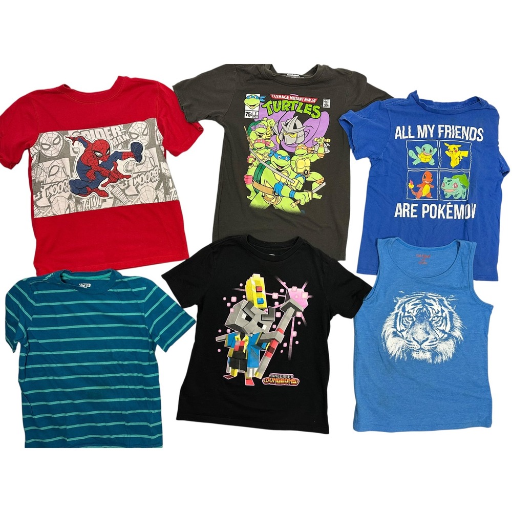 Boys Graphic Tee Lot of 6 Spiderman TMNT Pokemon Minecraft Size 6-7 S